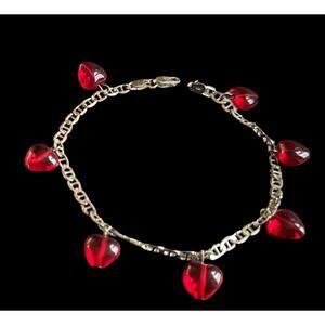 Romantic Italian Lush Ruby Red Seven Glass Drops Hearts Vintage Charm Bracelet
